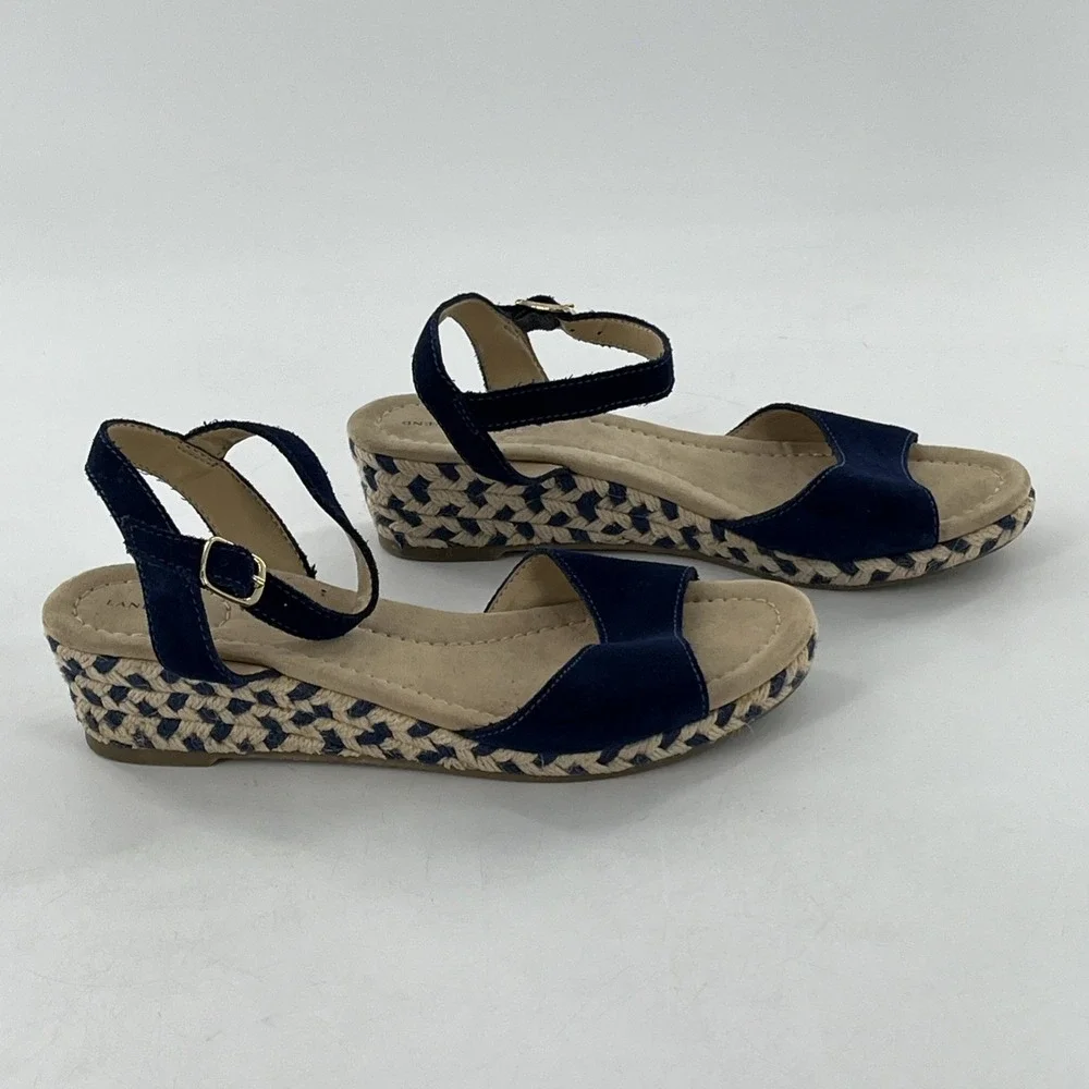 Lands End Espadrille Sandal Womens 7 Wedge Slingback Open Toe Blue Suede Chevron